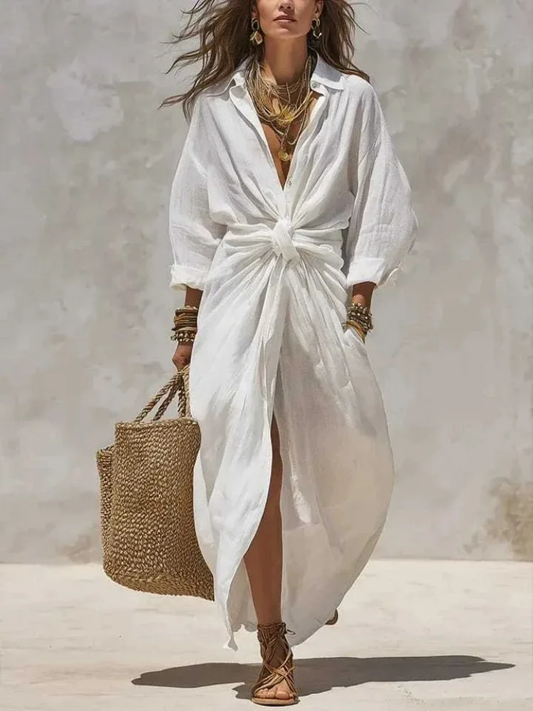 Casual Loose Linen Shirt Dress - Women Boho White Linen‑Cotton Shirt Maxi