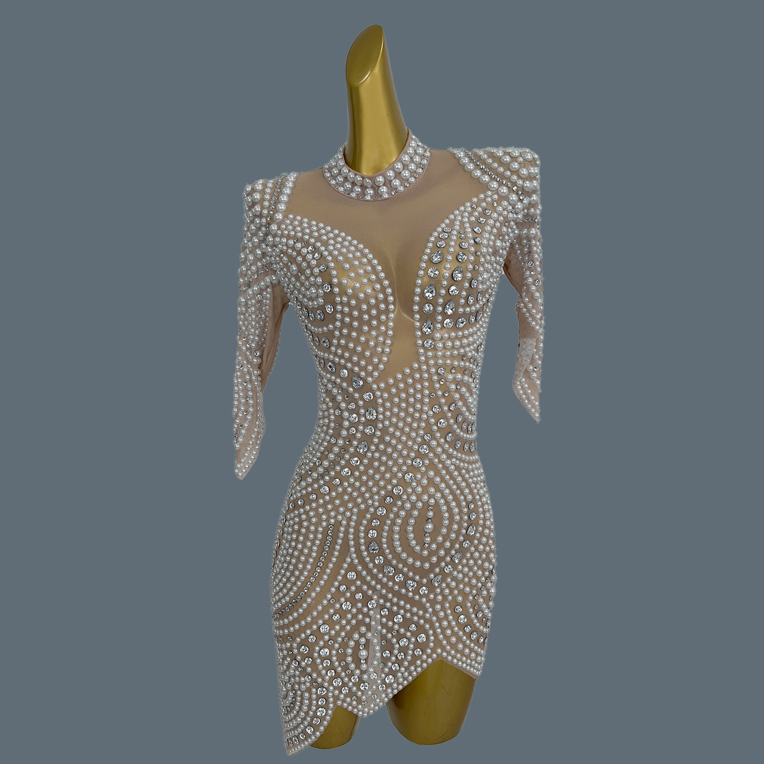 Sexy Mesh Sheer Bodycon Dress - Gorgeous Full Pearls Crystals Sheer Mesh