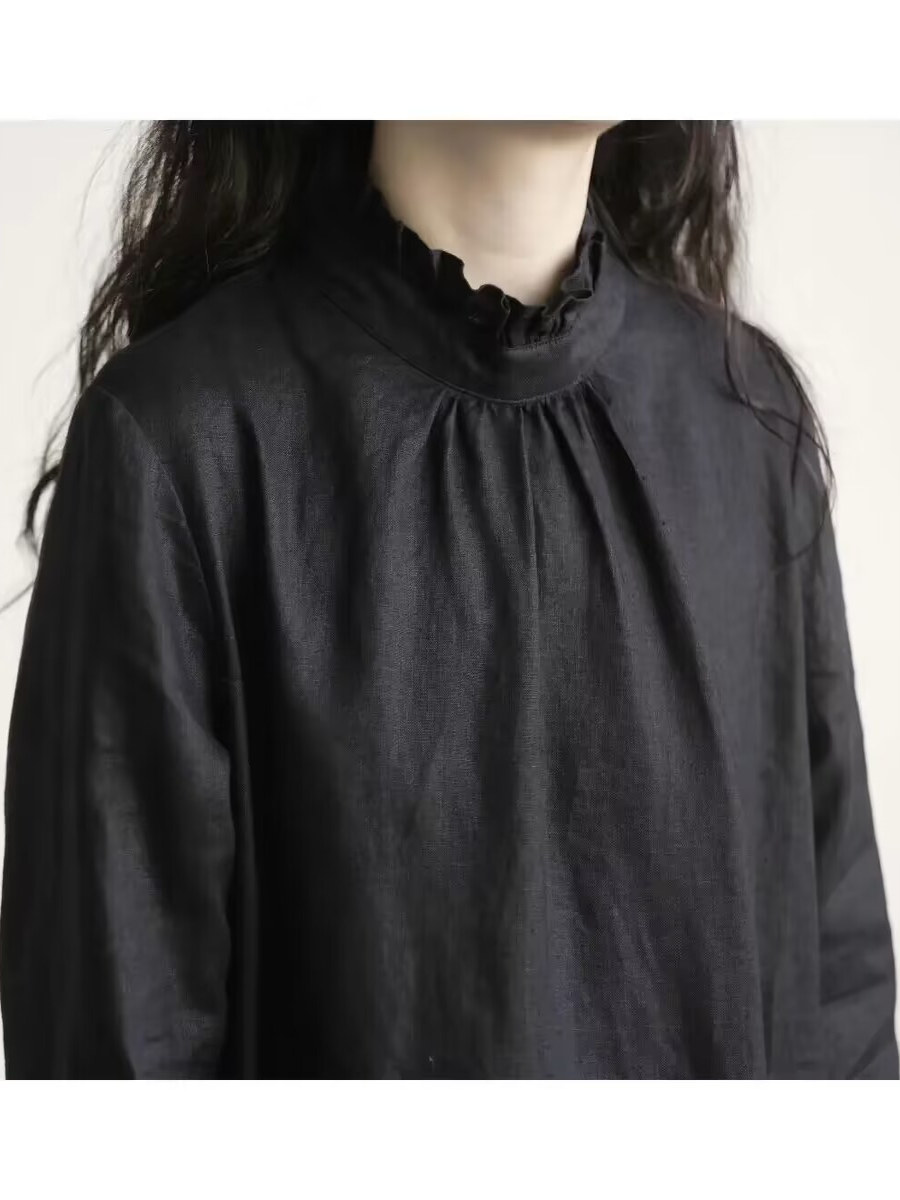Black Lace Collar Long Sleeve  - Casual Loose Linen Shirt Dress review and price