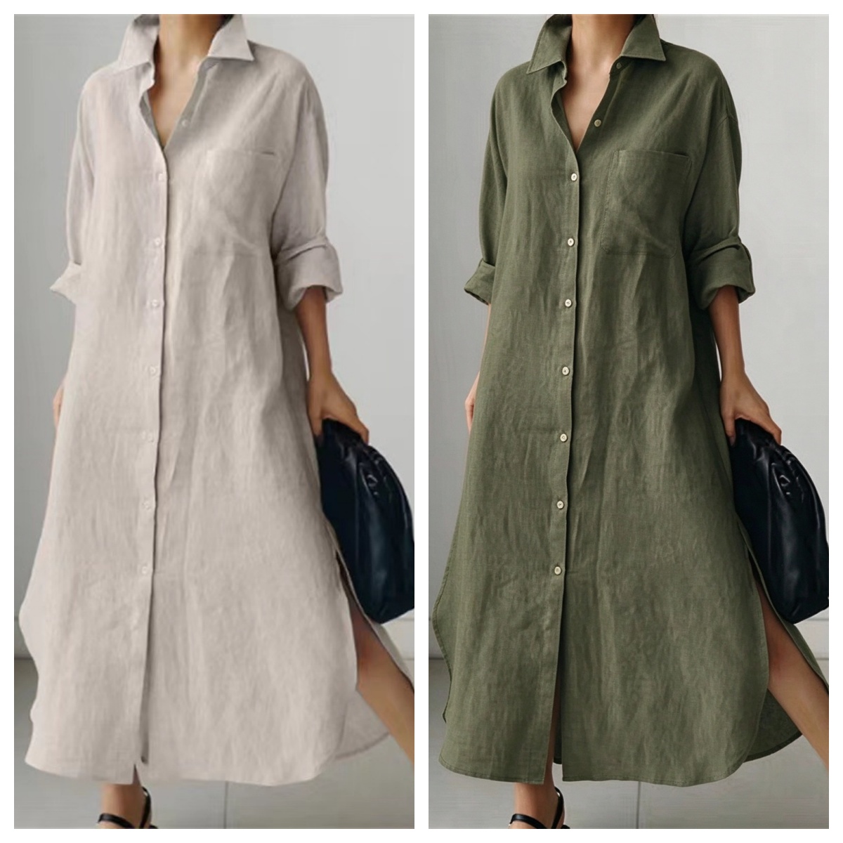 Women Elegant Turn-down Collar - Casual Loose Linen Shirt Dress review and price