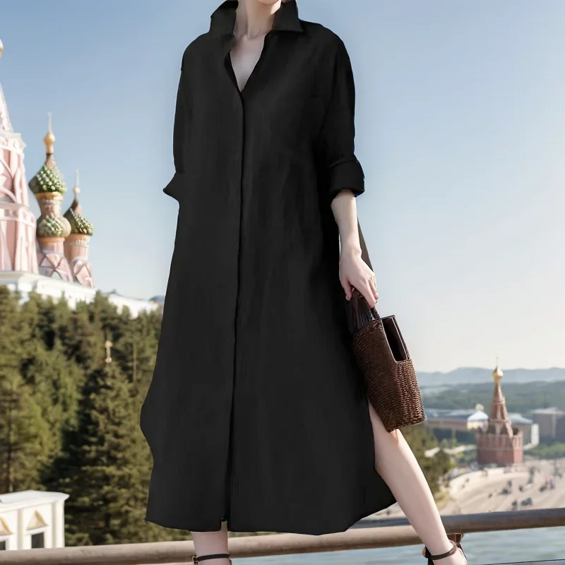 Women Elegant Turn-down Collar - Casual Loose Linen Shirt Dress review and price