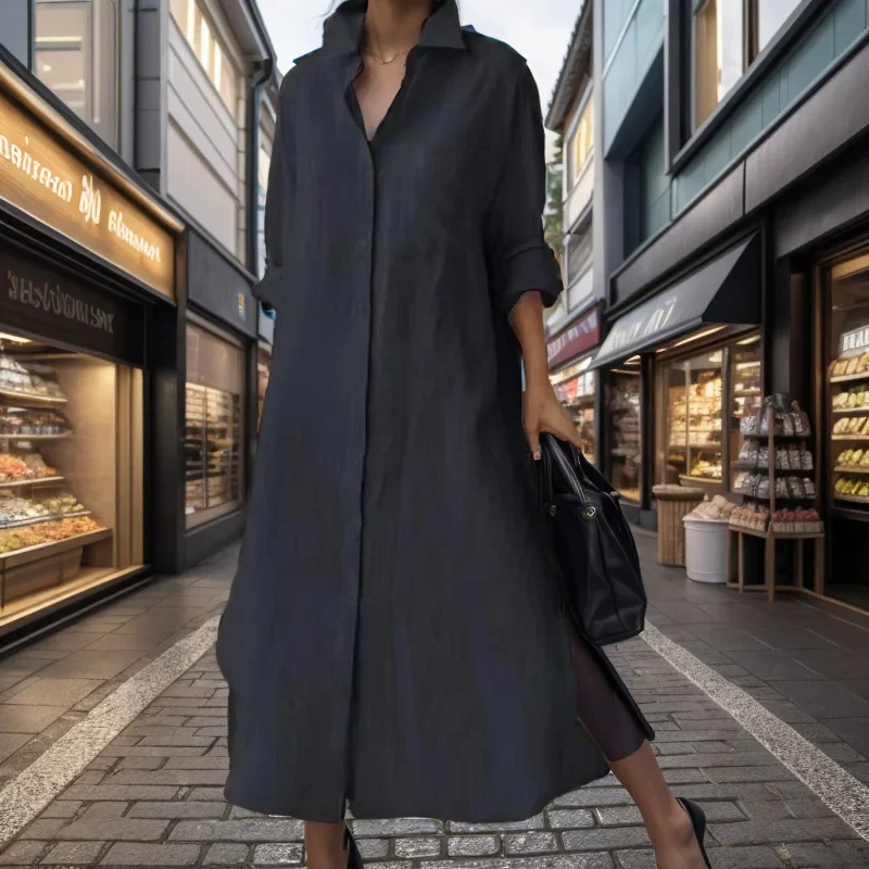 Women Elegant Turn-down Collar - Casual Loose Linen Shirt Dress review and price