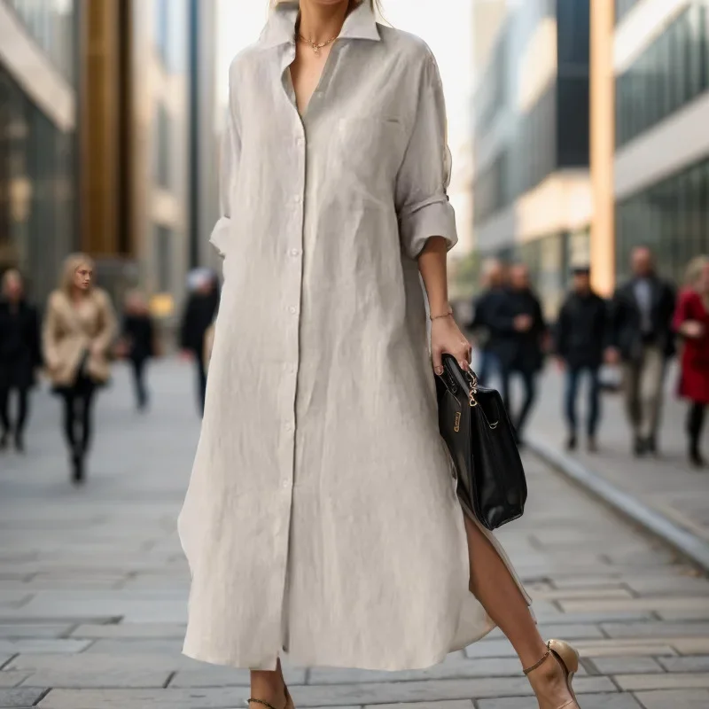 Women Elegant Turn-down Collar - Casual Loose Linen Shirt Dress review and price