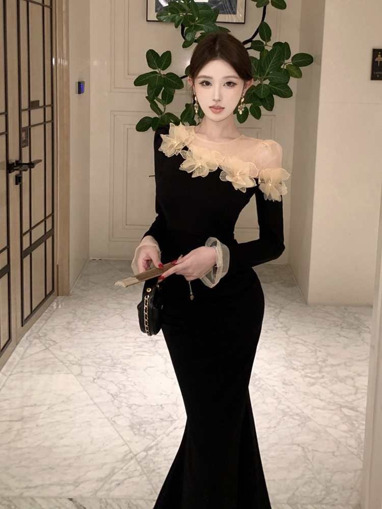 Retro 3D Floral Black Long-sle - Sexy Mesh Sheer Bodycon Dress review and price