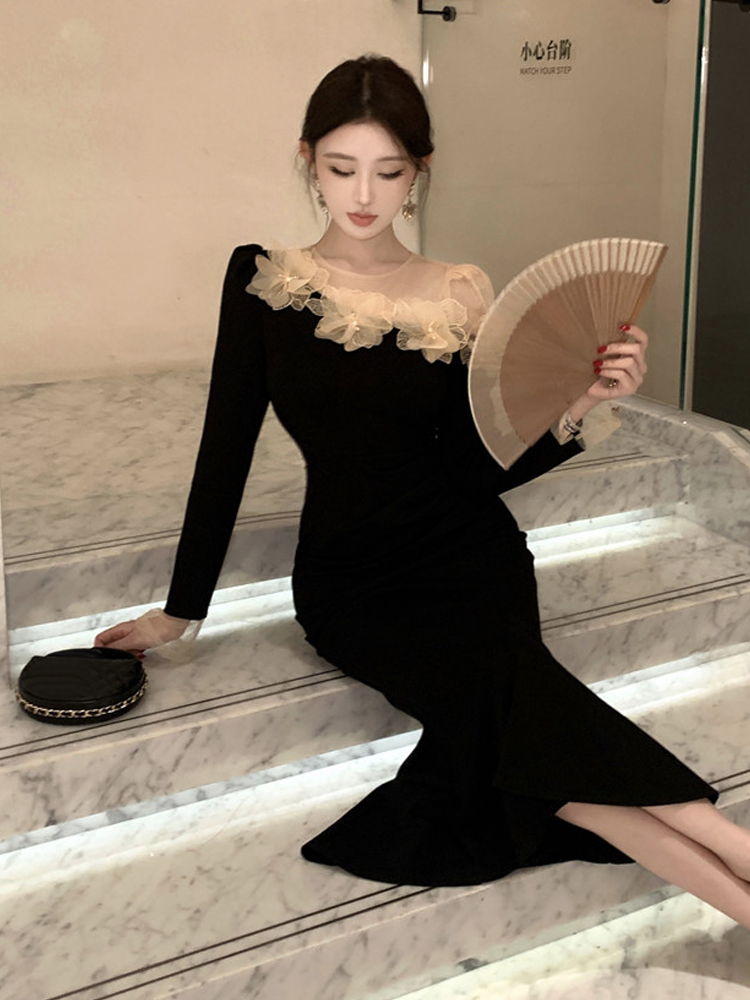 Retro 3D Floral Black Long-sle - Sexy Mesh Sheer Bodycon Dress review and price