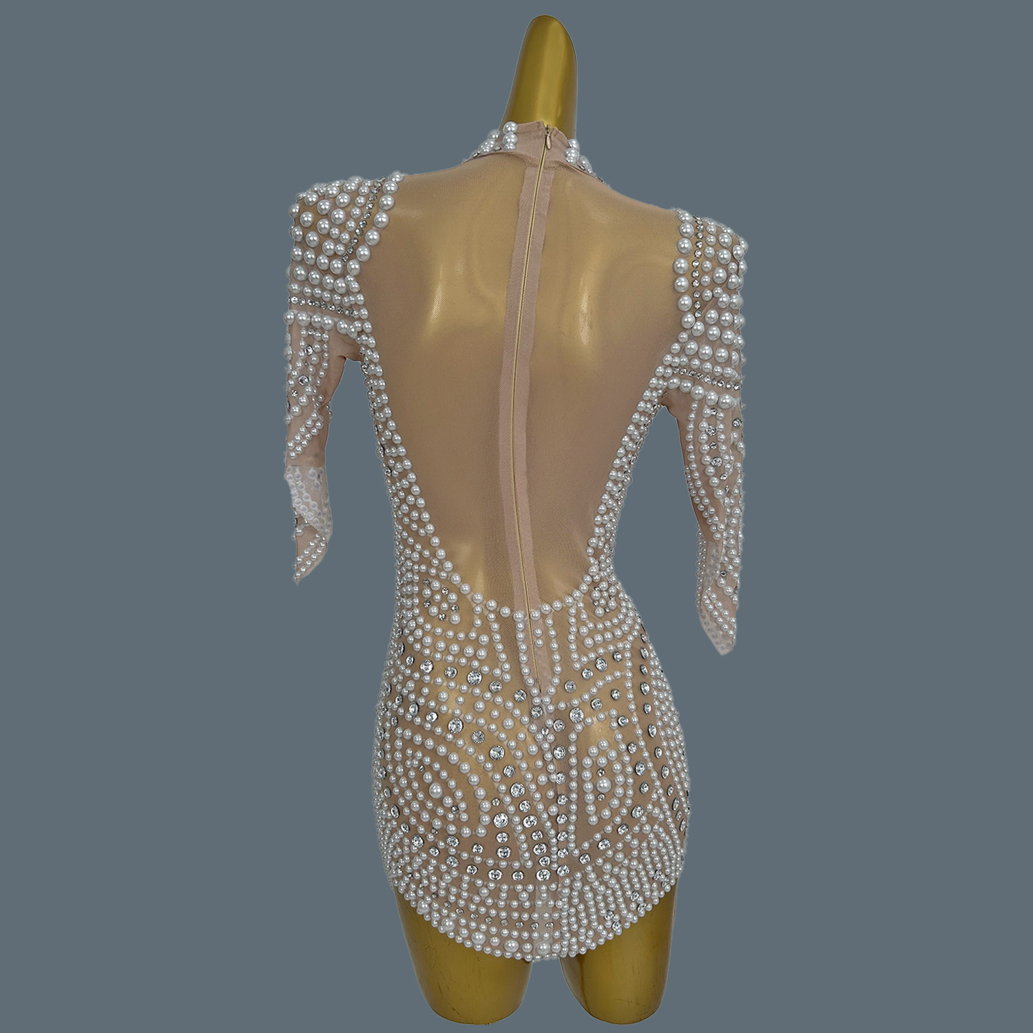 Gorgeous Full Pearls Crystals  - Sexy Mesh Sheer Bodycon Dress review and price