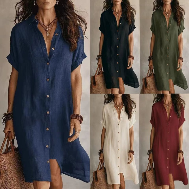 Single-breasted Solid Color Sh - Casual Loose Linen Shirt Dress review and price