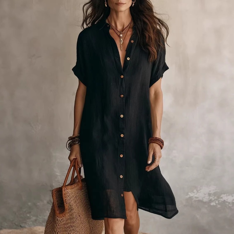 Single-breasted Solid Color Sh - Casual Loose Linen Shirt Dress review and price