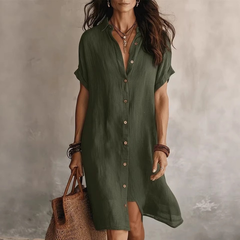 Single-breasted Solid Color Sh - Casual Loose Linen Shirt Dress review and price